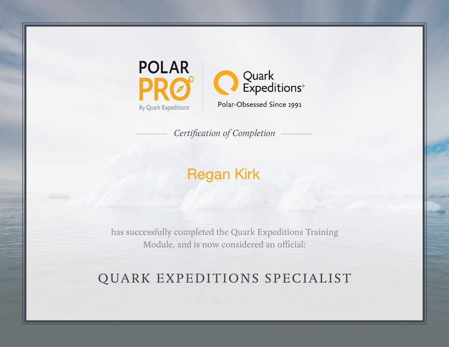 Regan Kirk Quark Expeditions certificate