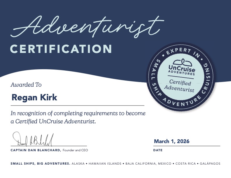Regan Kirk UnCruise Adventurist certificate
