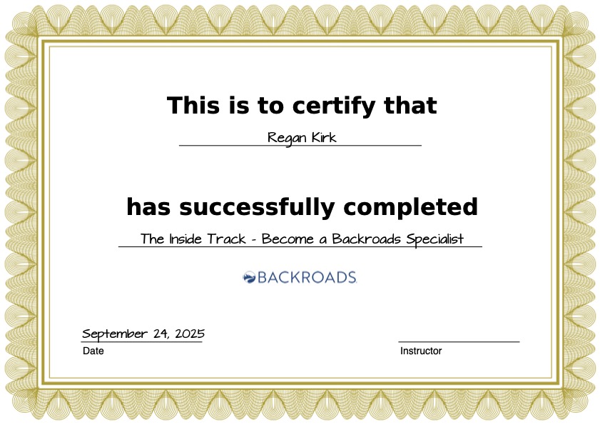 Backroads certificate