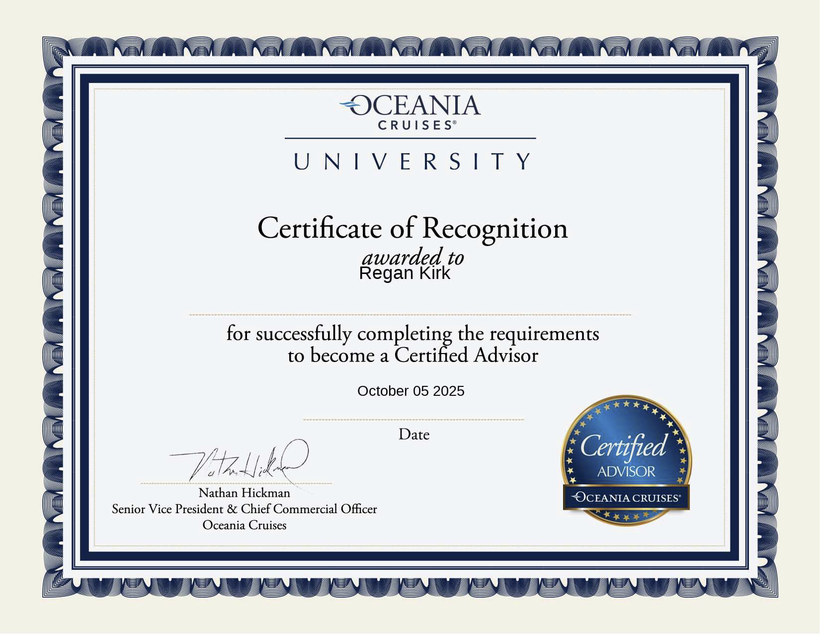 Oceania Cruises certificate