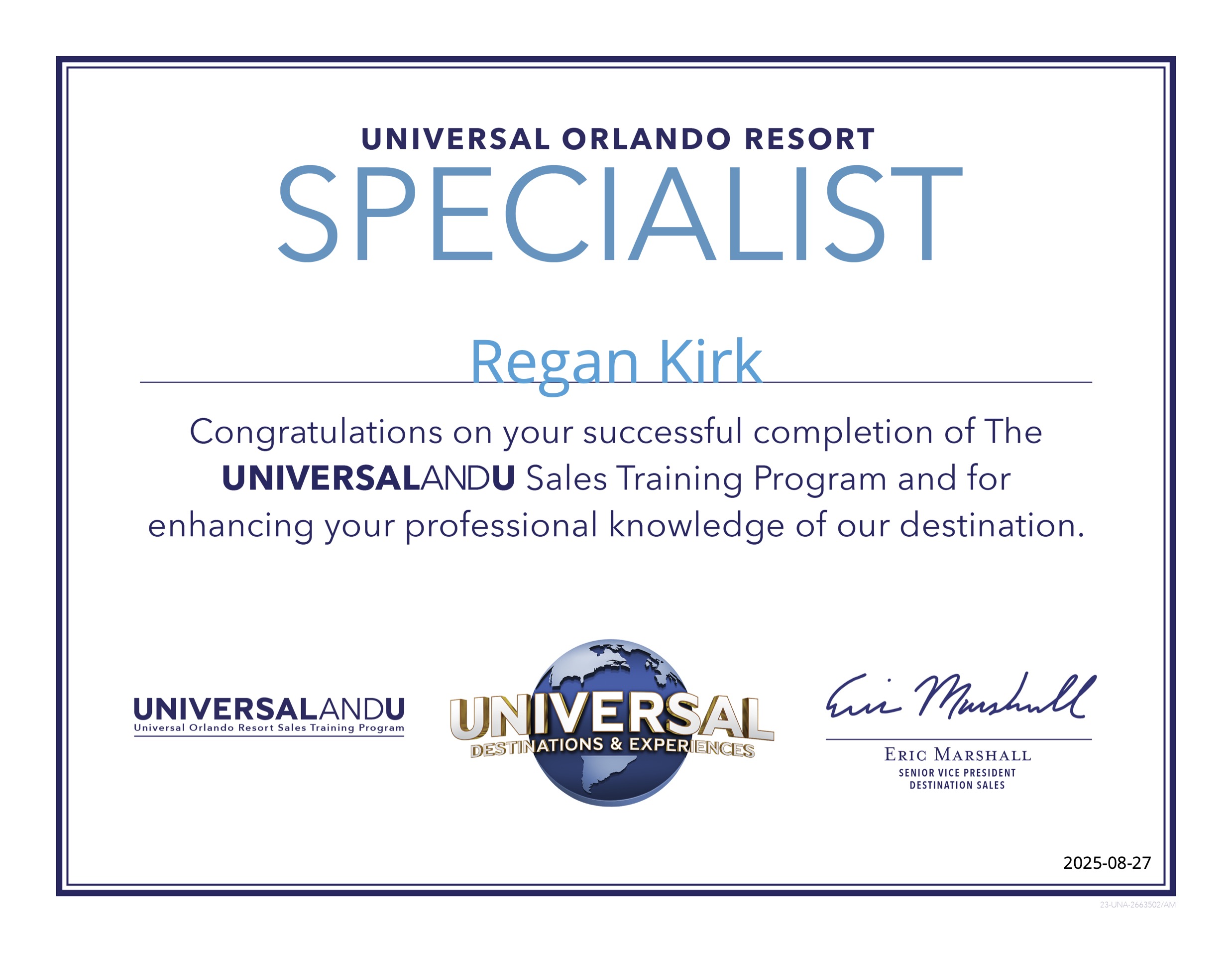 Universal Studios Orlando certificate