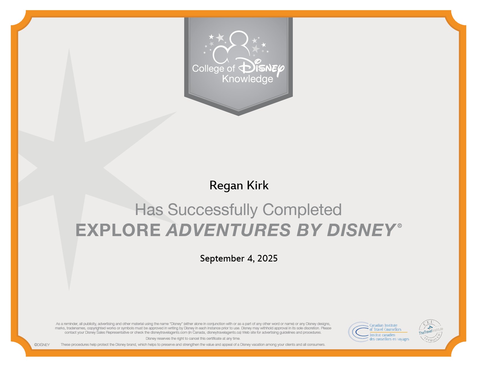 Adventures By Disney certificate