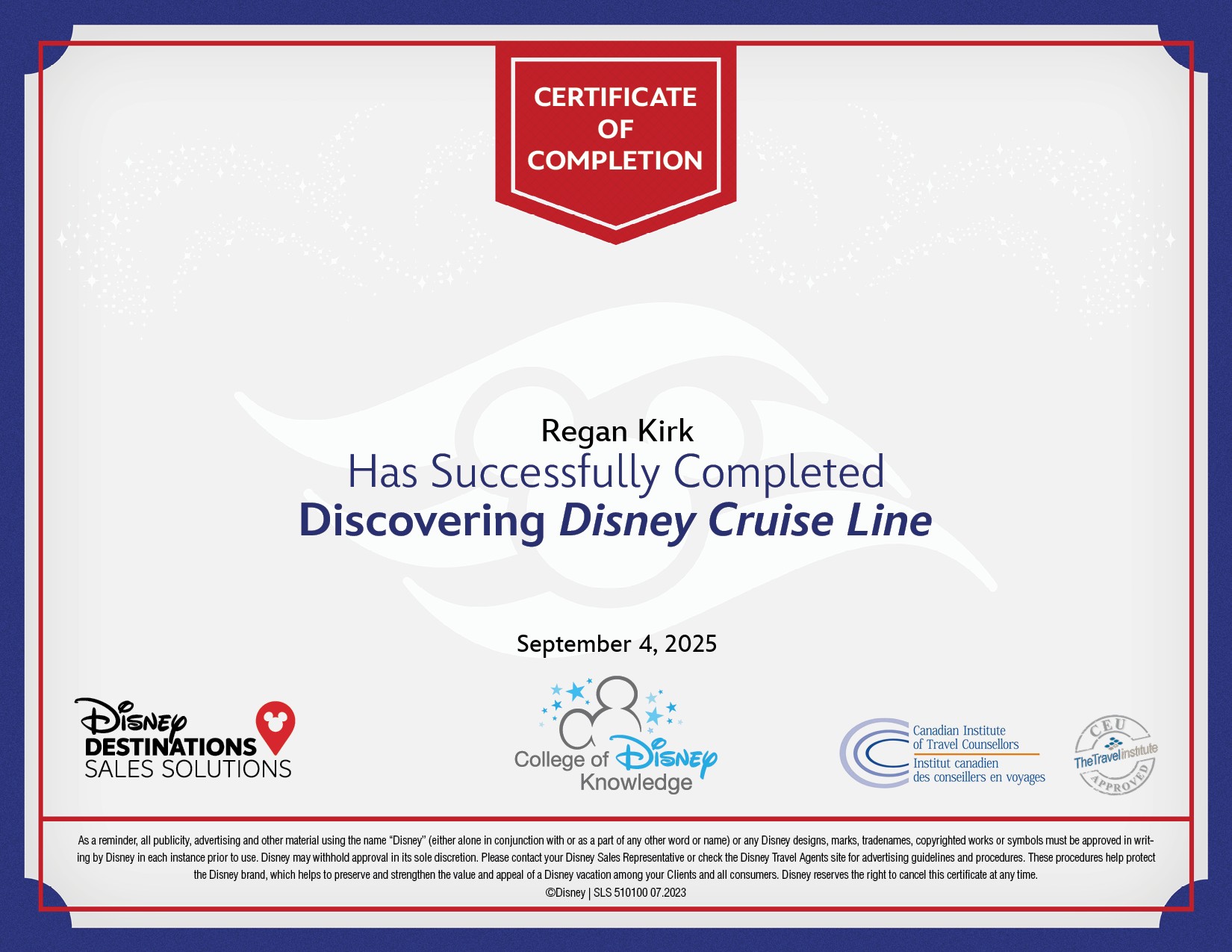 Disney Cruises certificate