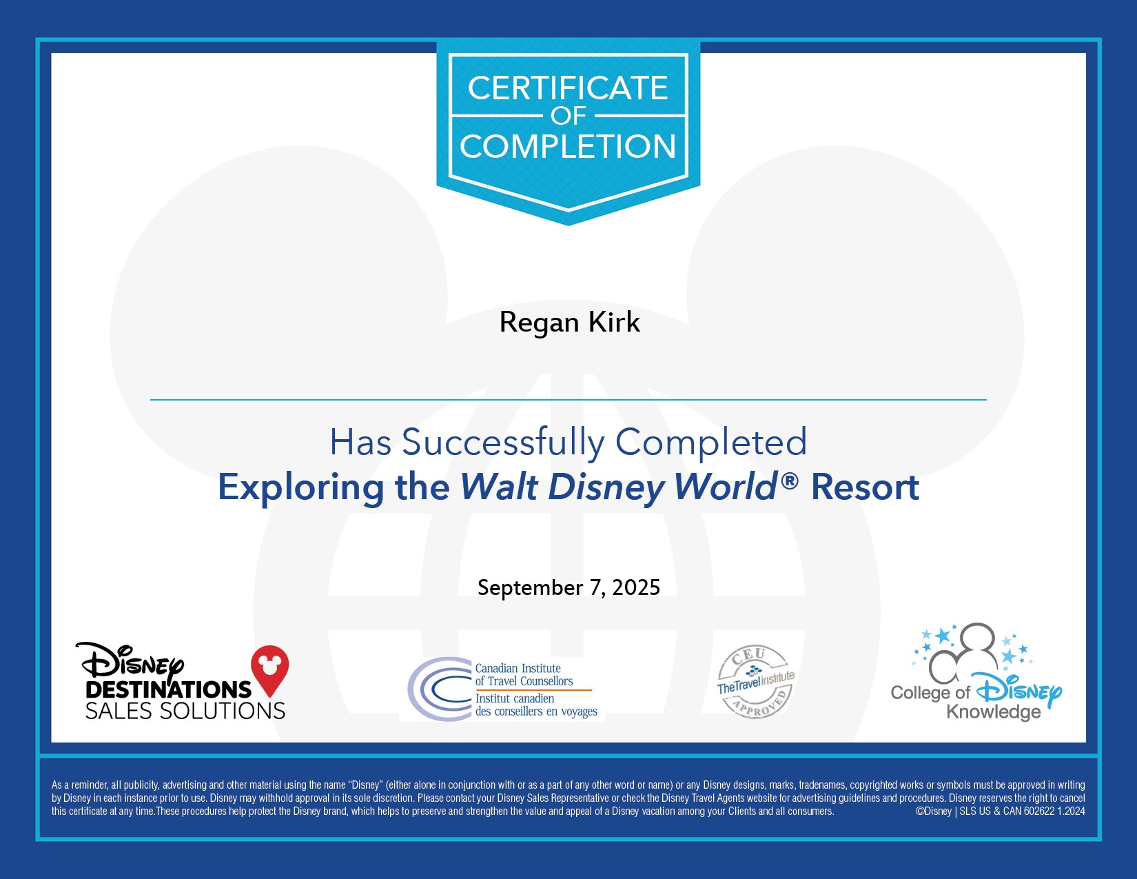 Disney World certificate