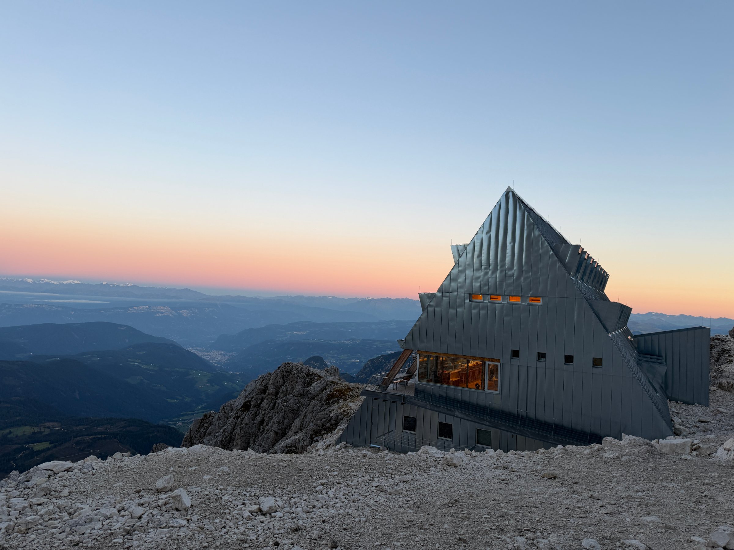 Santnerpass hut at sunrise